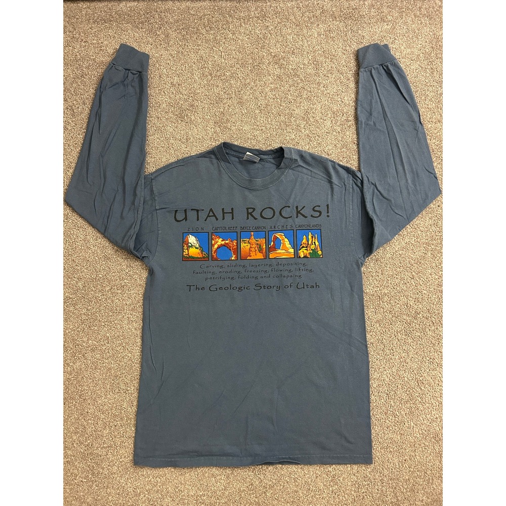 VTG Utah Rocks Geologic Story T-Shirt Adult Medium Blue Long Sleeve Excellent